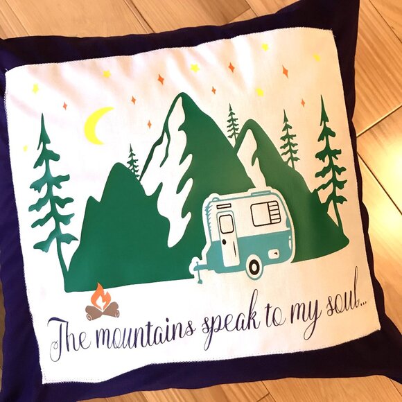 Mountain Camping Pillow Cover, 18x18: Handmade Vintage Camper Teal Purple Decor - Picture 1 of 10